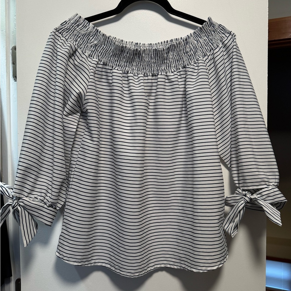 Tramp White Top with Black Stripes - Off-Shoulder Tie Sleeve